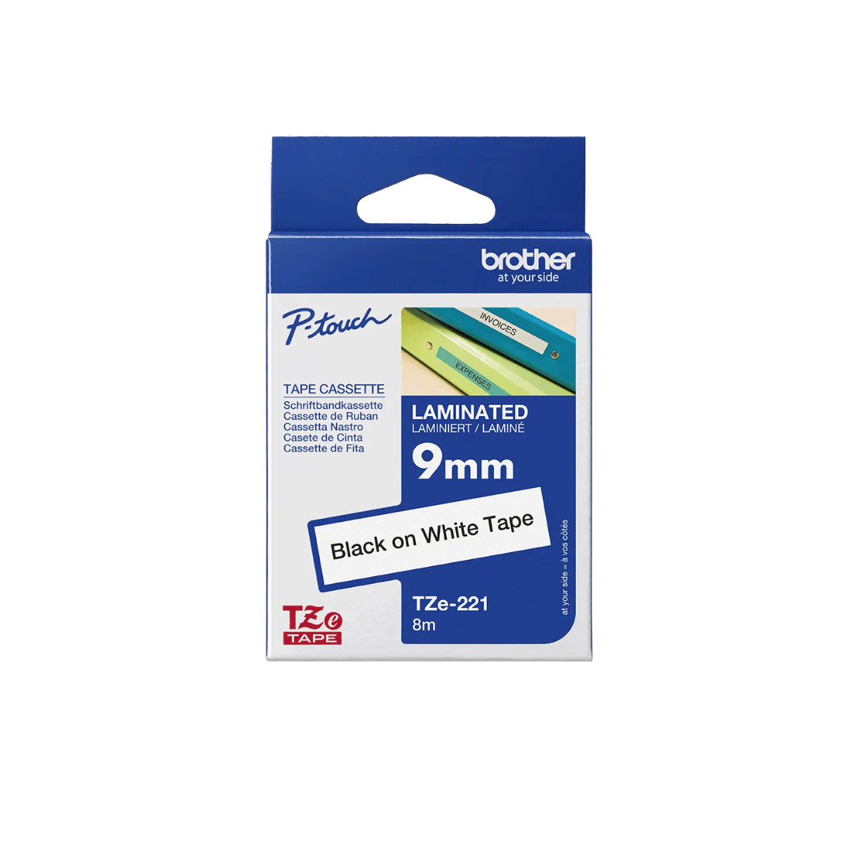 Brother P-touch  9mm TZ-221 Laminated Tape, 8 m, Black on White