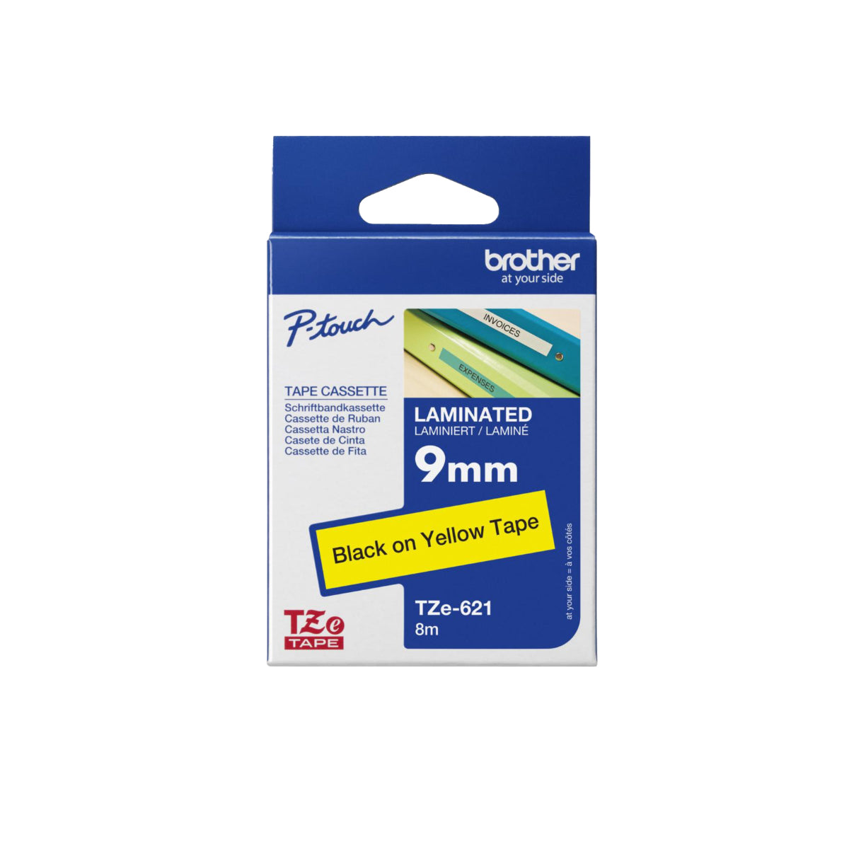 Brother P-touch  9mm TZ-621 Laminated Tape, 8 m, Black on Yellow